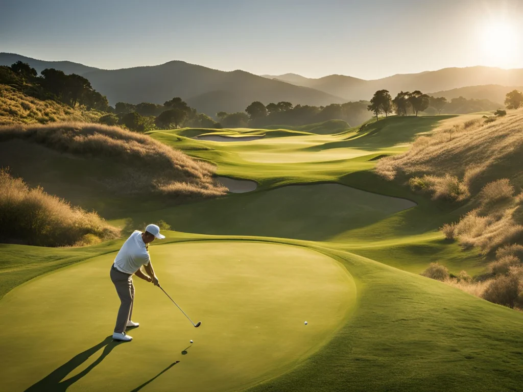 A man swings a golf club on a lush green course, with majestic mountains rising in the background.A golfer takes a shot on a vibrant green course, framed by stunning mountains in the distance.A man plays golf on a verdant course, with picturesque mountains providing a scenic backdrop.