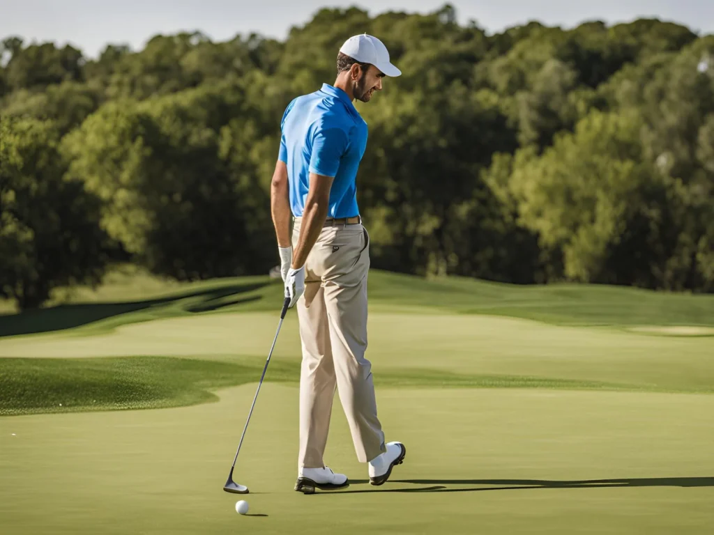 A man in a blue shirt is preparing to putt on the green during a golf game.A man wearing a blue shirt is focused on making a putt on the golf green.A man in a blue shirt is lining up his putt on the green in a golf course setting.Golfer Demographics