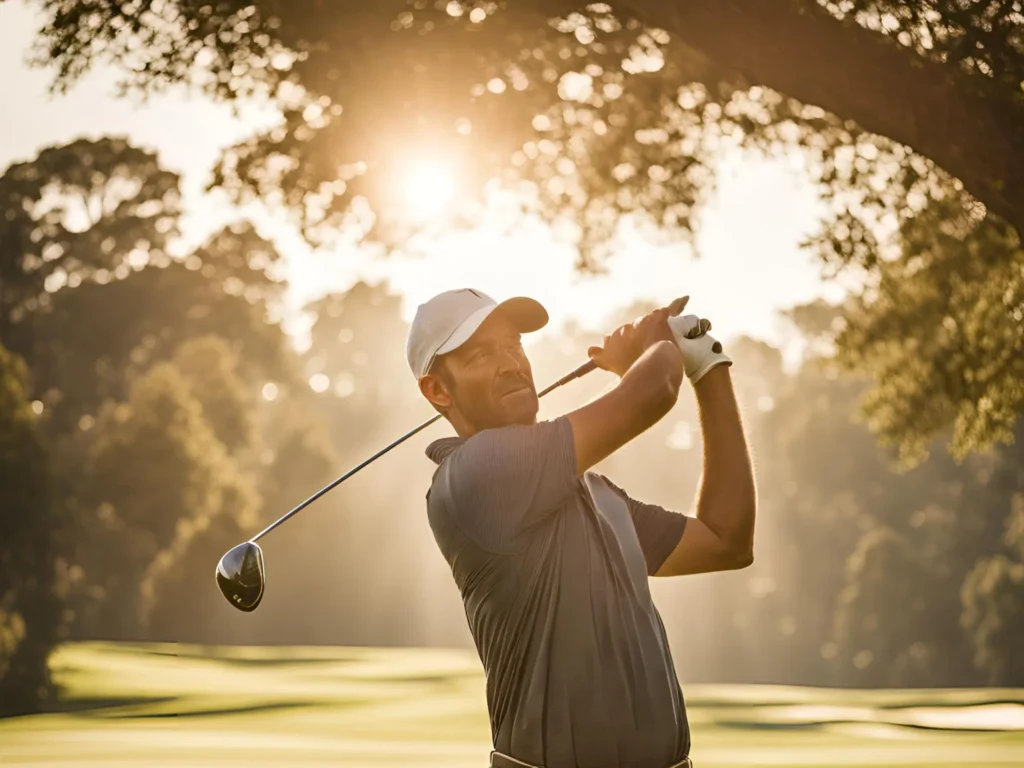 A man swings a golf club under the bright sun, enjoying a day on the golf course.A golfer takes a shot in sunny weather, showcasing his skills on the green.A man plays golf in the sunlight, demonstrating focus and precision on the course.