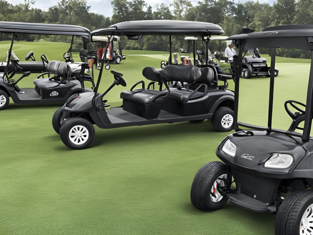 Examining the Golf Cart Components
1. A collection of golf carts parked on a lush green field, ready for a day of golfing activities.2. Several golf carts lined up on a vibrant green field, showcasing a perfect day for golfing.3. A cluster of golf carts situated on a well-maintained green field, ideal for a round of golf.